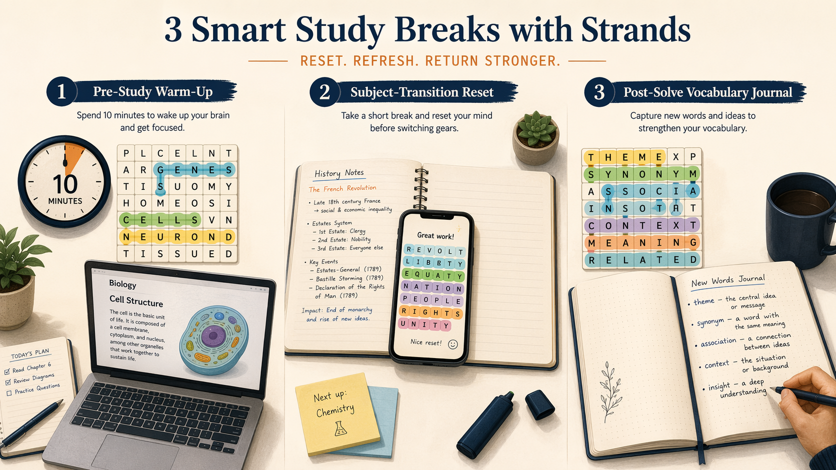 Illustration of three study-break routines using word puzzles: pre-study warm-up, subject-transition reset, and vocabulary journal