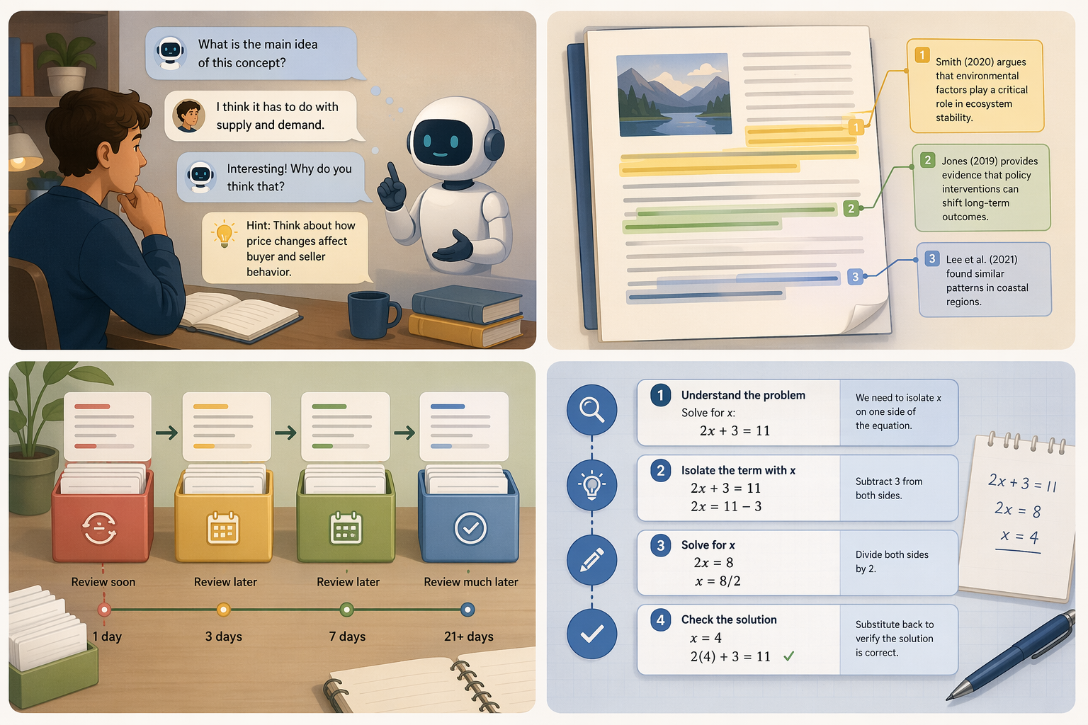 Infographic illustration of Socratic tutoring, source-grounded studying, spaced repetition cards, and step-by-step problem solving