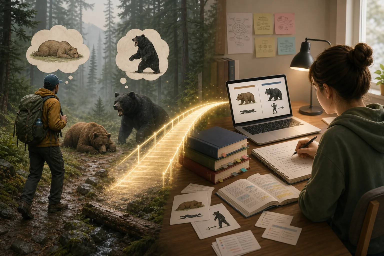 A hiker in bear country connected by a glowing path to a student studying with flashcards and textbooks