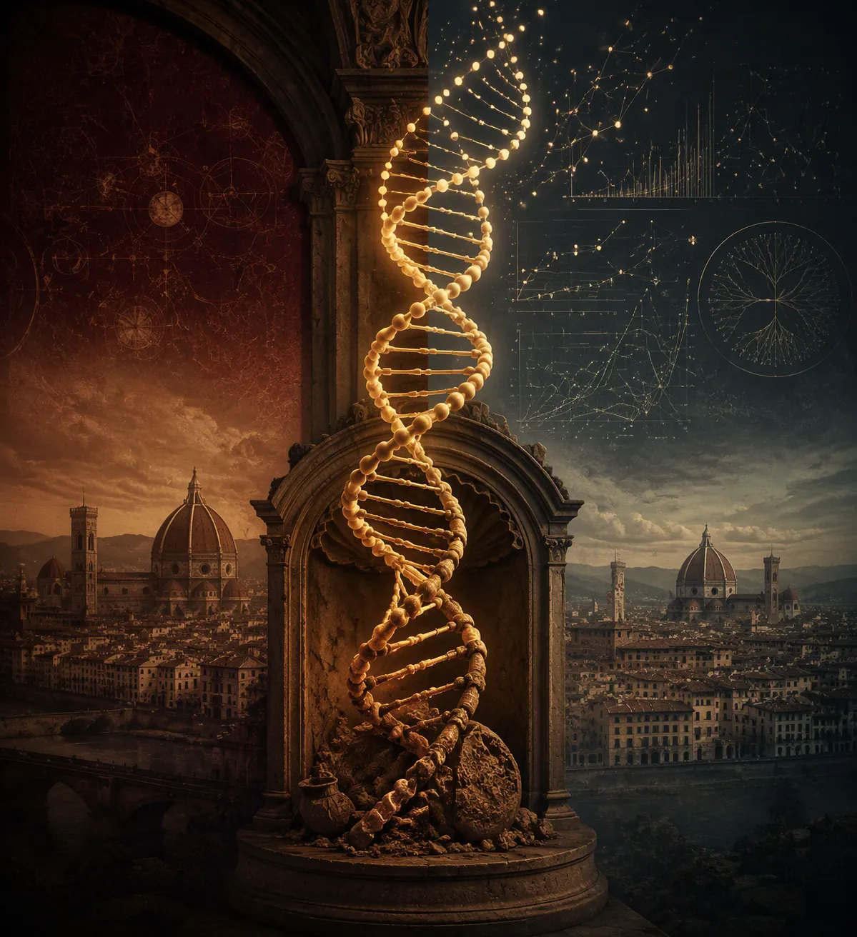 Ancient DNA double helix rising through a Renaissance archway with analytical data points