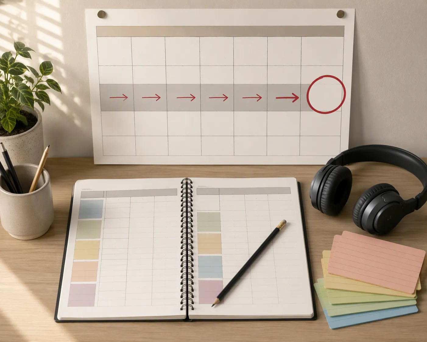Desk planner with a circled test date, backward-counted time blocks, headphones, flashcards, and a pencil