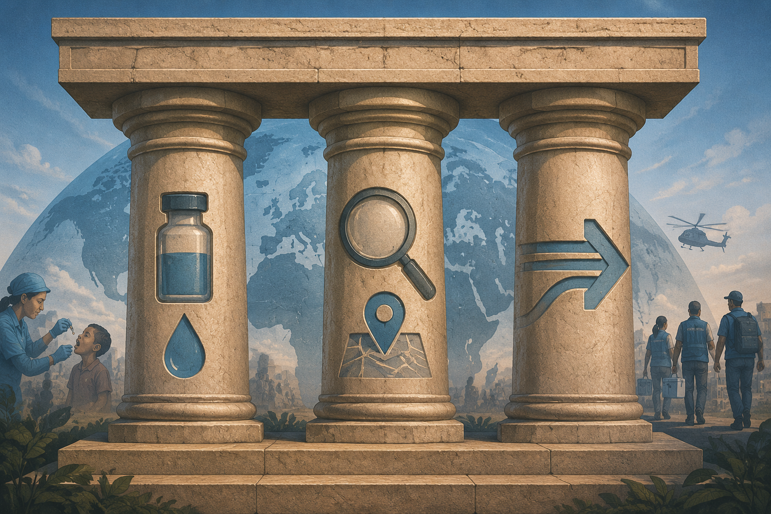 Three pillars representing vaccination, surveillance, and outbreak response in polio eradication