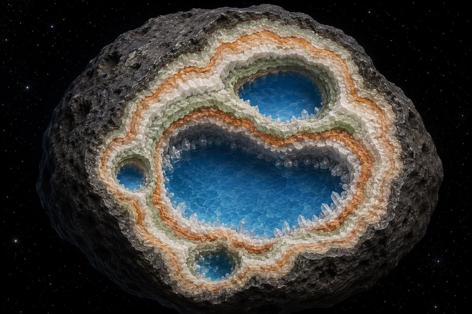 Cross-section of an ancient asteroid body with liquid water pockets and layered mineral deposits