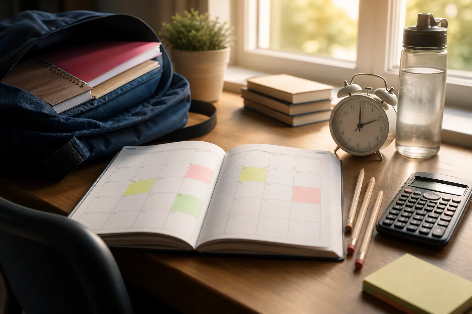 Late-summer student desk with planner, backpack, calculator, alarm clock, notebooks, pencils, and water bottle