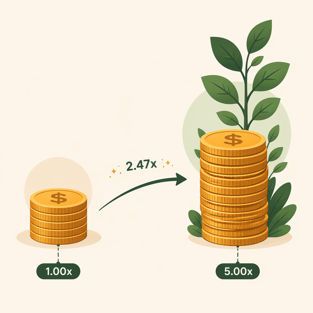 Coins growing from a small stack to a larger stack with ratio markers from 2.47x to 5.00x