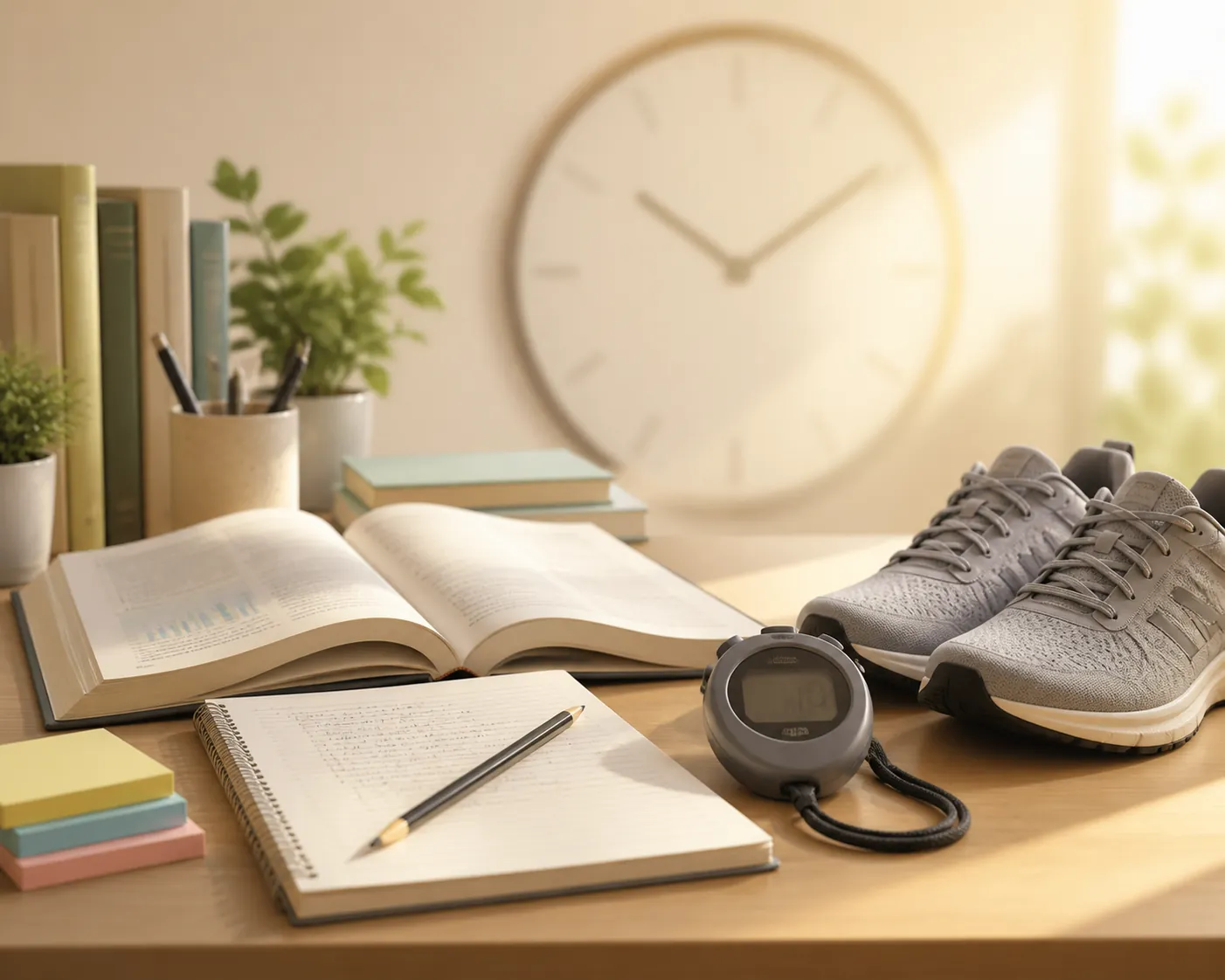 A student desk with textbooks, stopwatch, running shoes, and a blurred clock suggesting timed exercise around study sessions