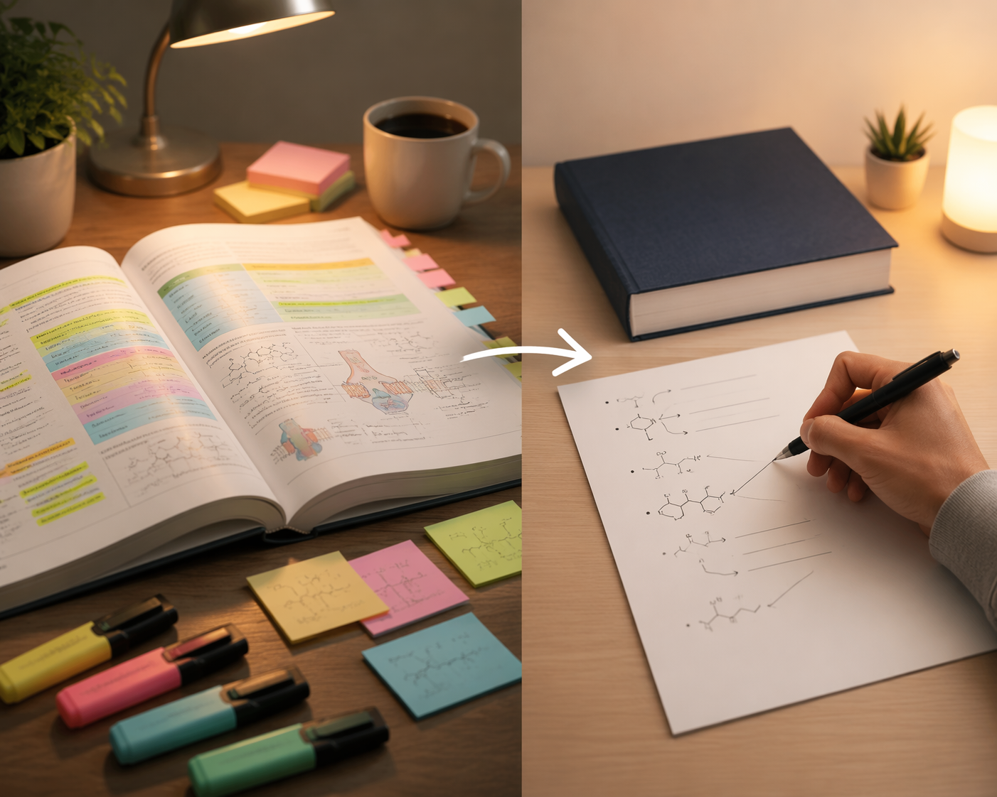 Open highlighted pharmacology textbook contrasted with a closed book and blank-page drug mechanism recall