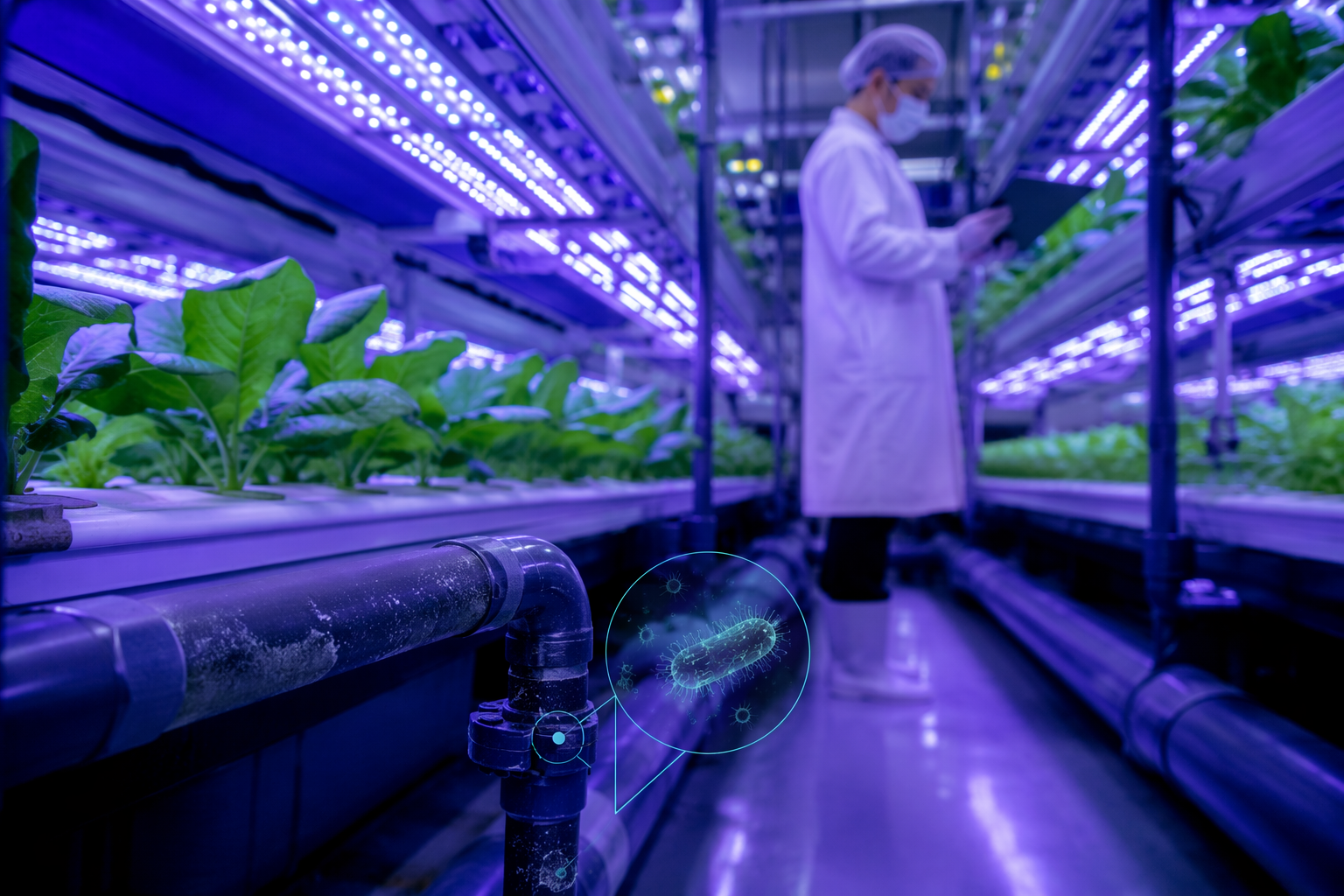 Indoor hydroponic leafy greens growing under LED lights with subtle visual emphasis on recirculation pipes and hidden microbial risk
