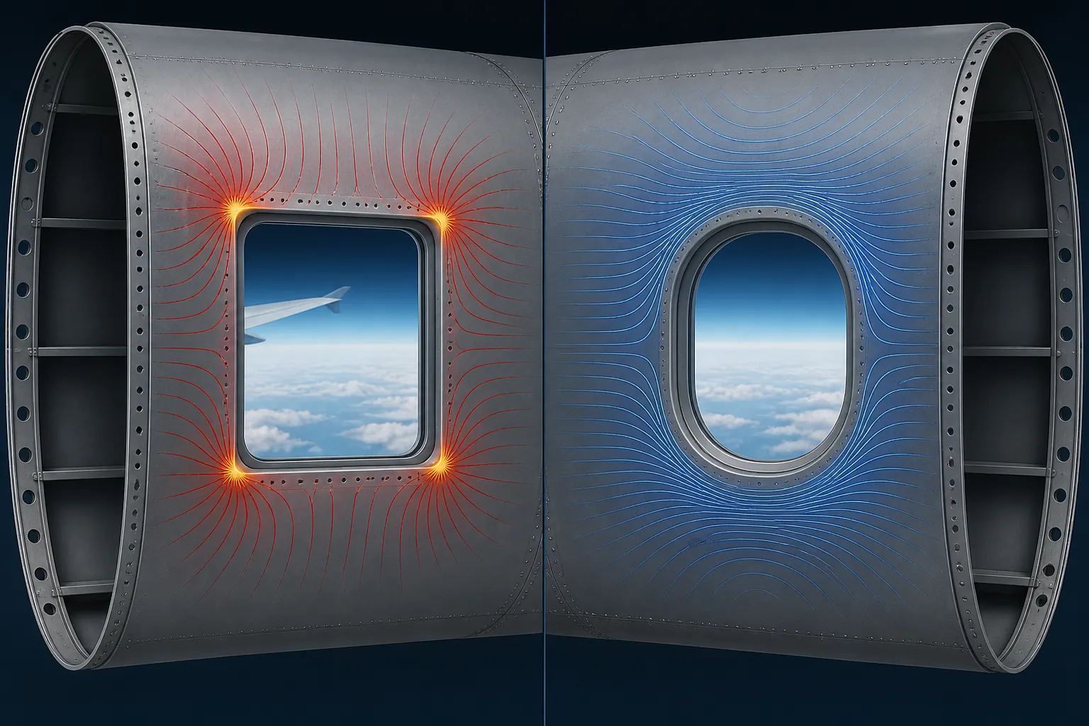 Comparison of square and rounded airplane window cutouts showing stress concentration at sharp corners and smoother stress flow around an oval window