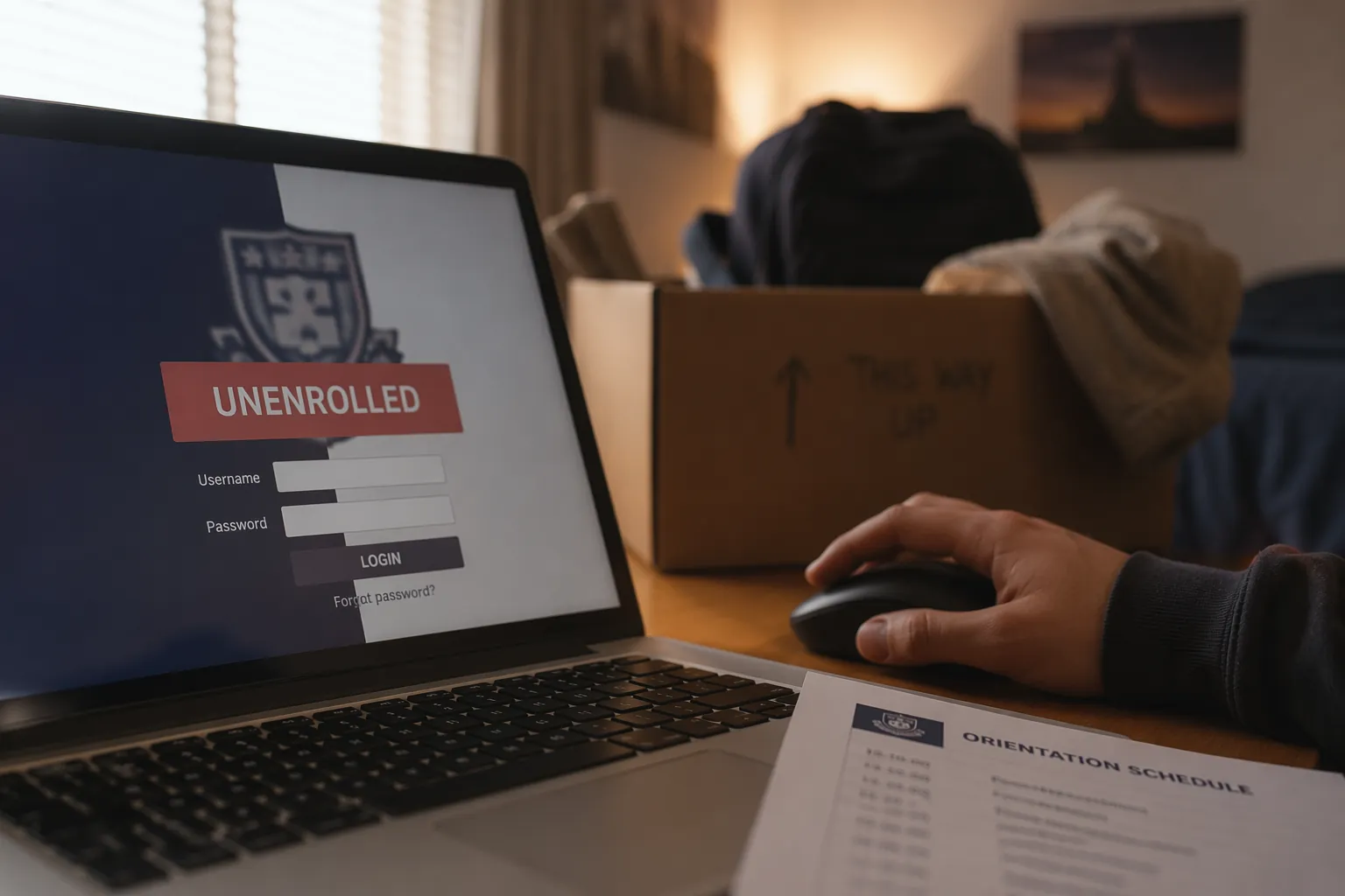 A student laptop shows an unenrolled banner beside moving boxes and an orientation schedule