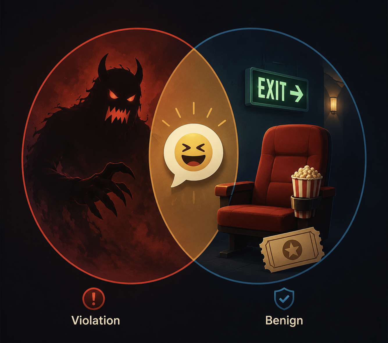 Diagram of Benign Violation Theory showing a monster as violation and theater safety cues as benign with laughter in the overlap