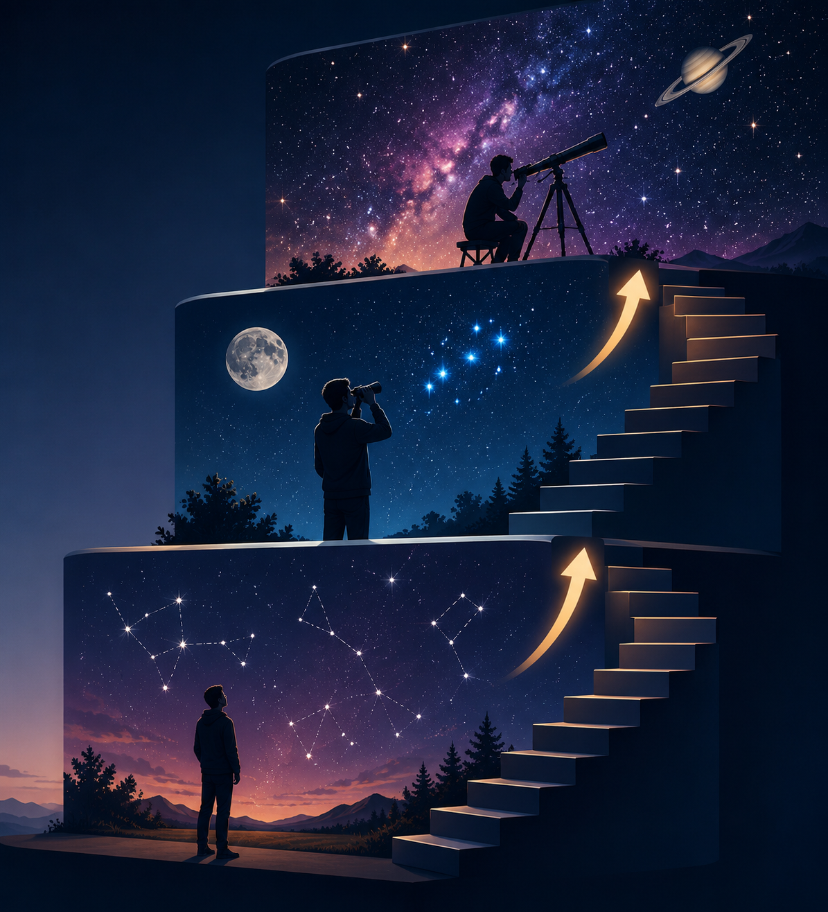 Three-tier progression from naked-eye observing to binoculars to telescope use under a night sky