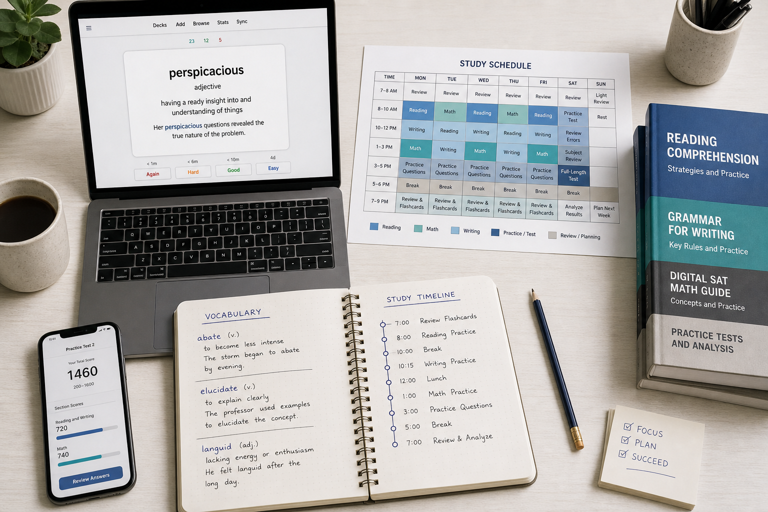 Bird's-eye flat-lay of an organized student study station with a laptop showing flashcards, a color-coded study schedule, vocabulary notes, and a smartphone displaying a practice test score.