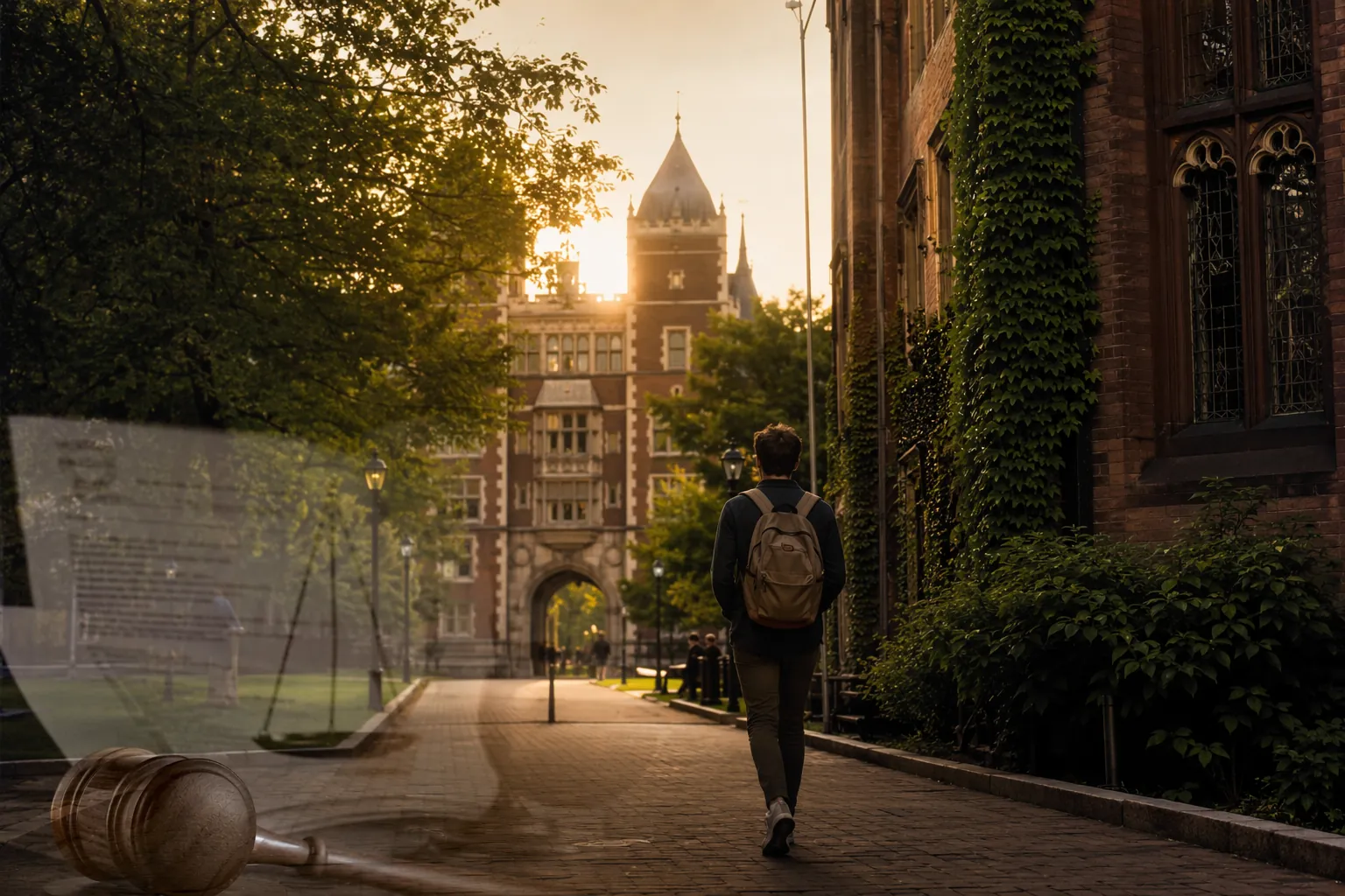 University of Pennsylvania campus at golden hour with legal document and gavel overlays