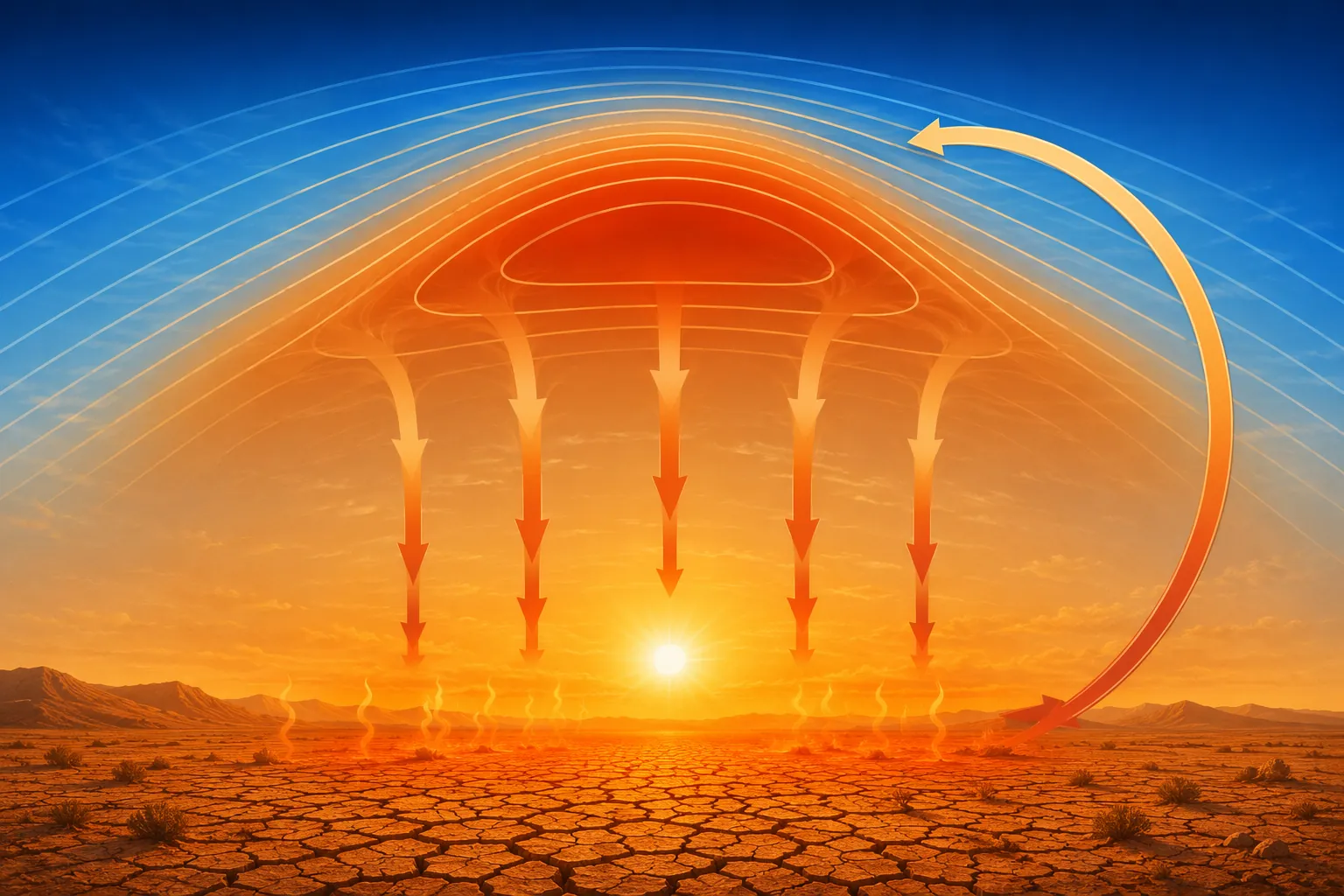 Cutaway diagram of a heat dome with sinking air, upper-level high pressure, cloudless skies, dry ground, and a surface-heating feedback loop
