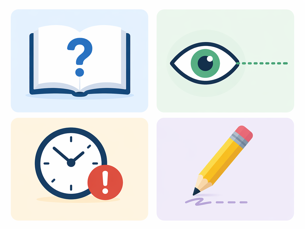Four icons representing SAT error categories: content gaps, misreads, timing errors, and careless execution