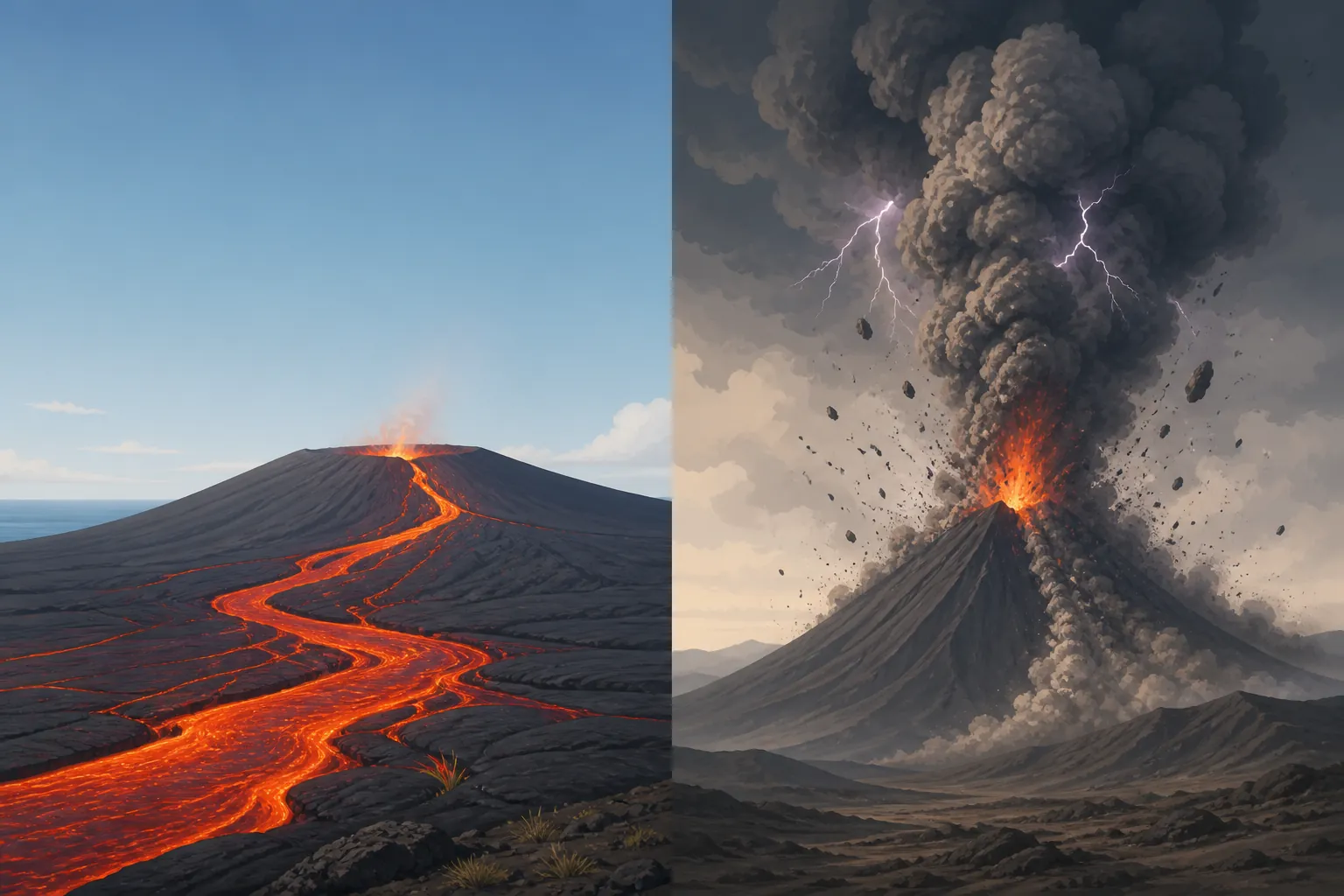 Split scene contrasting runny lava on a broad shield volcano with an explosive ash column above a steep cone