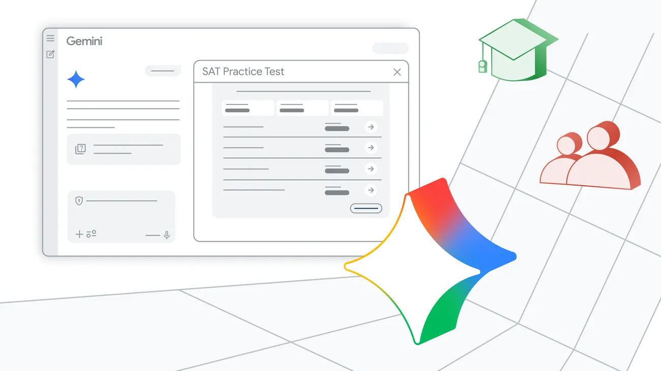 Google announcement image showing Gemini app SAT practice tests grounded in Princeton Review content