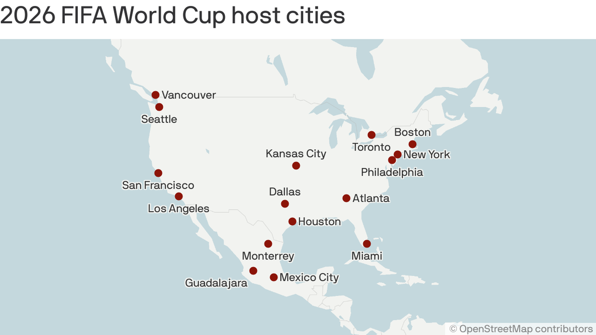 Map of the 16 host cities for the 2026 FIFA World Cup across the United States, Canada, and Mexico