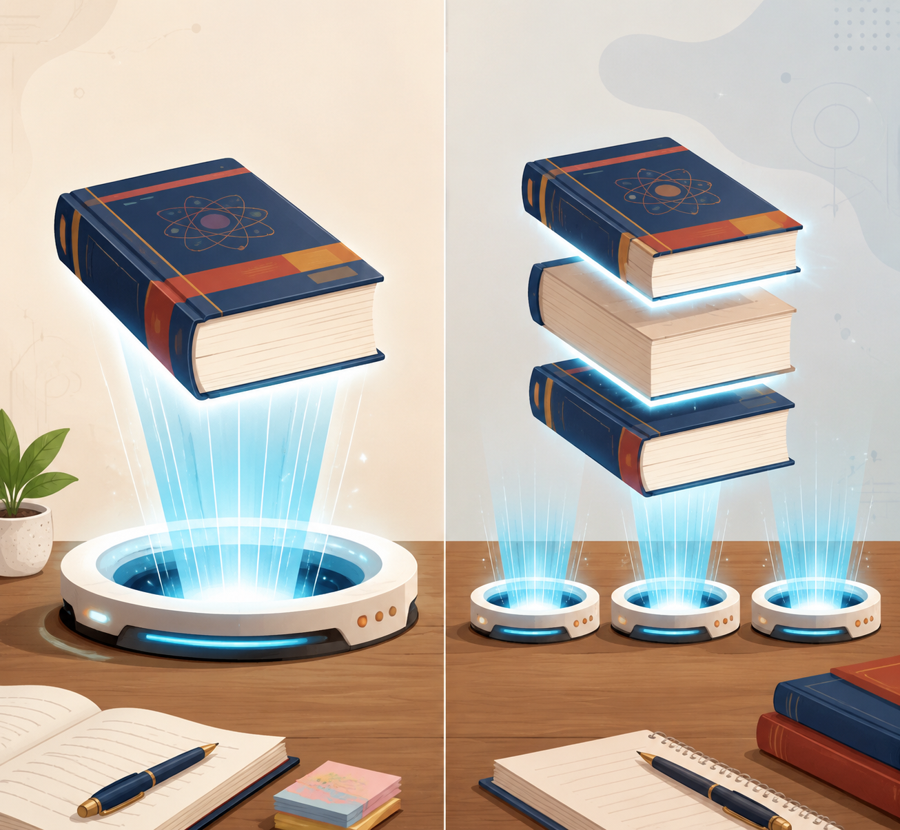 Illustration comparing one-session textbook processing with multi-session chunking
