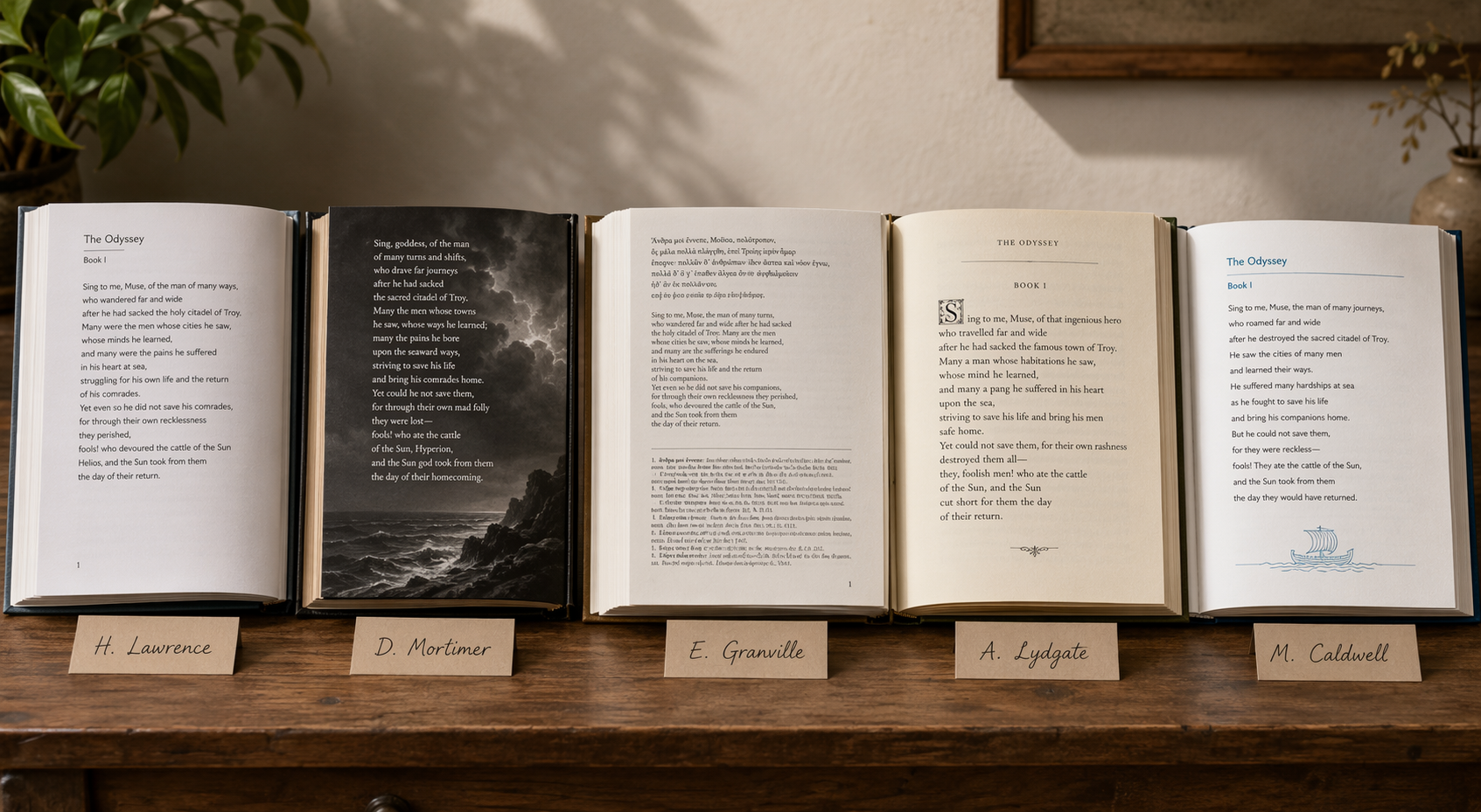 Five open books showing different visual styles of the same passage from The Odyssey, arranged side by side on a wooden surface.