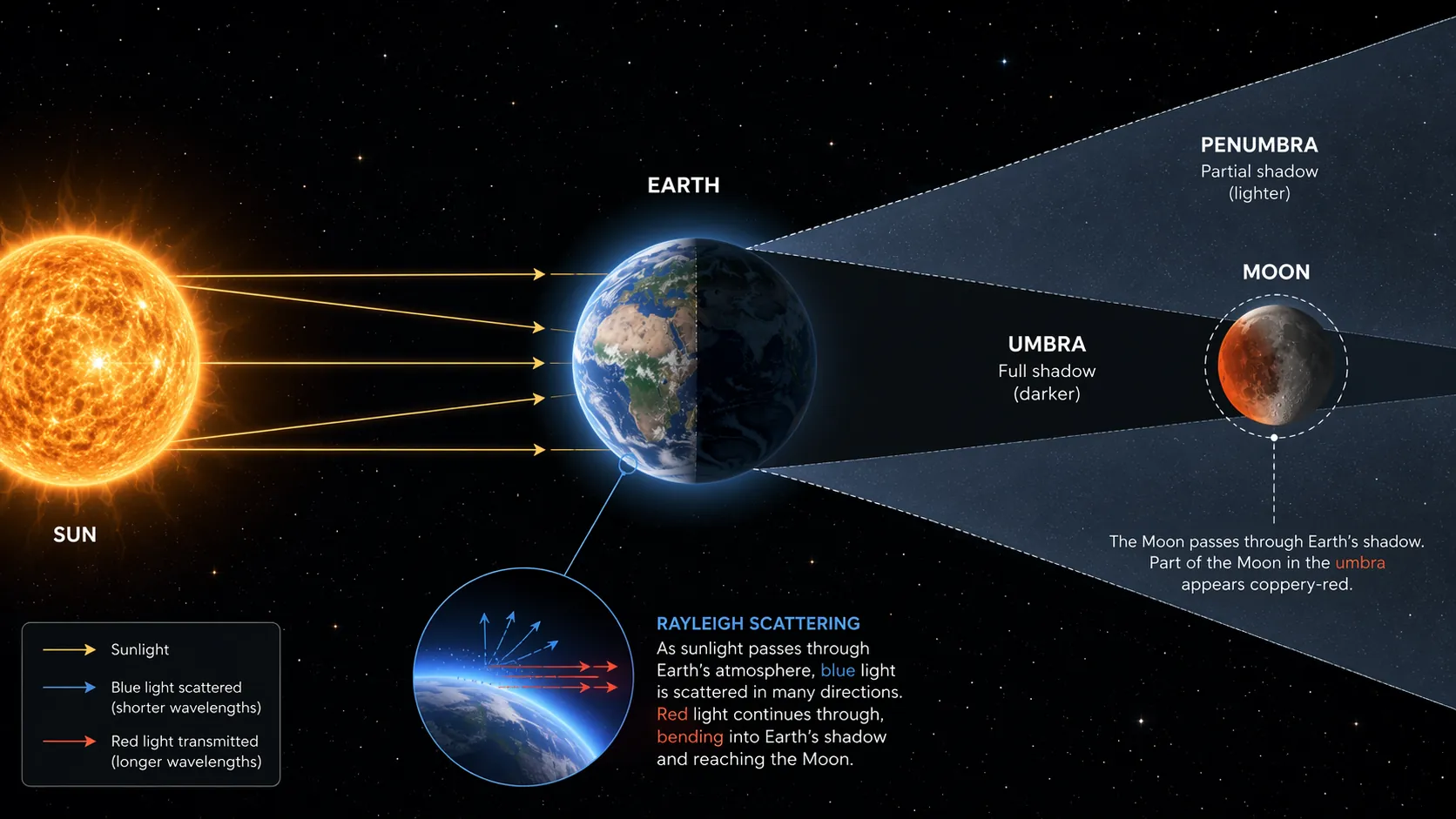 Diagram of the Sun, Earth, and Moon aligned during a lunar eclipse with umbra, penumbra, and Rayleigh scattering labeled
