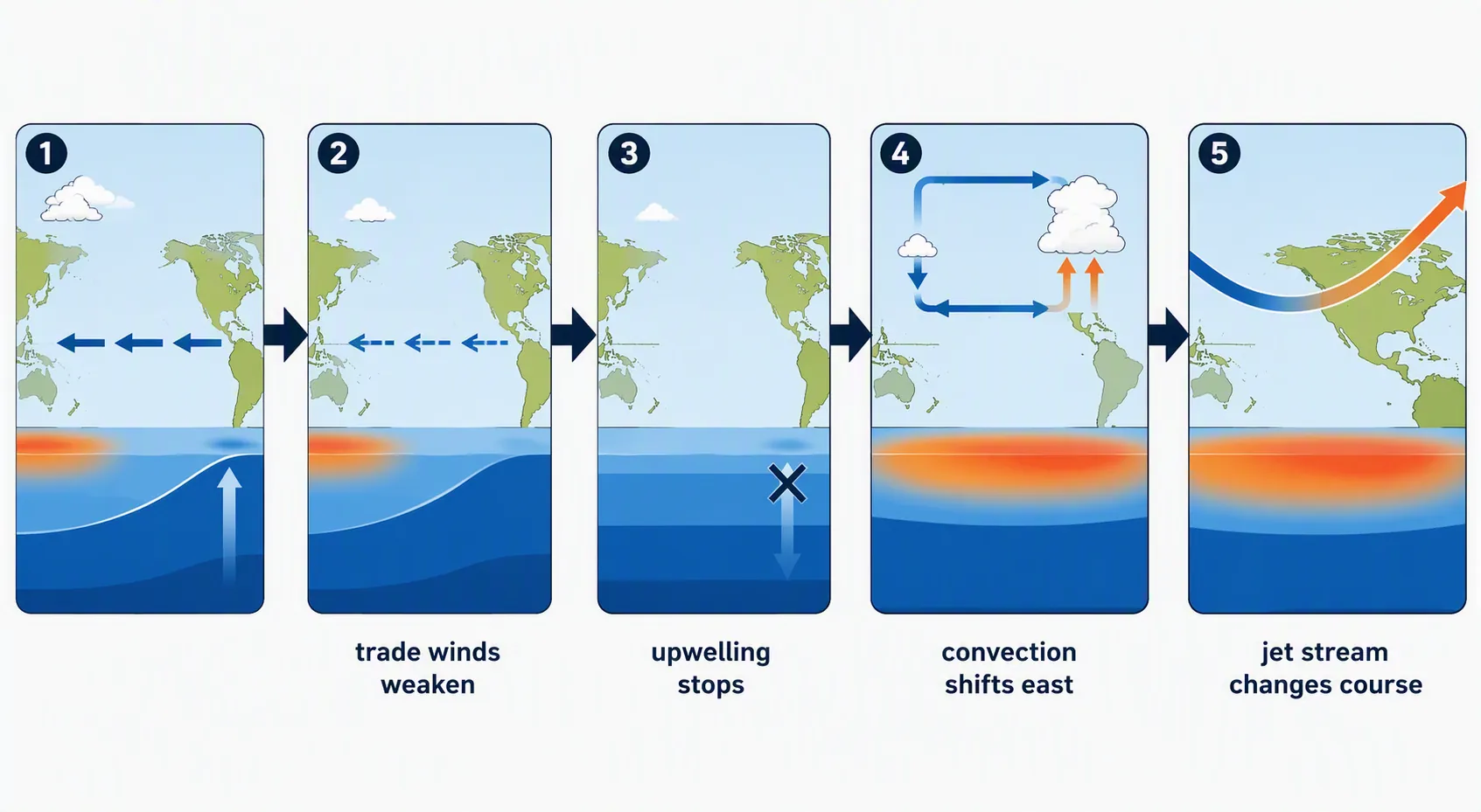 Five-step El Niño mechanism diagram showing weakened trade winds, reduced upwelling, eastward-shifted convection, and jet-stream changes