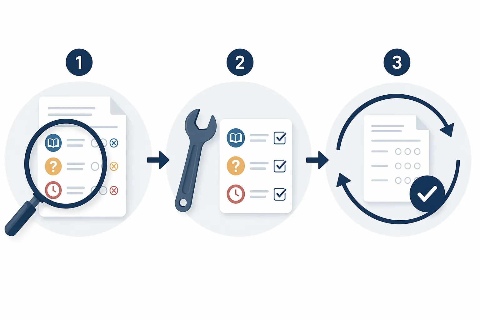 Three-step process flow showing diagnosis, repair, and retesting