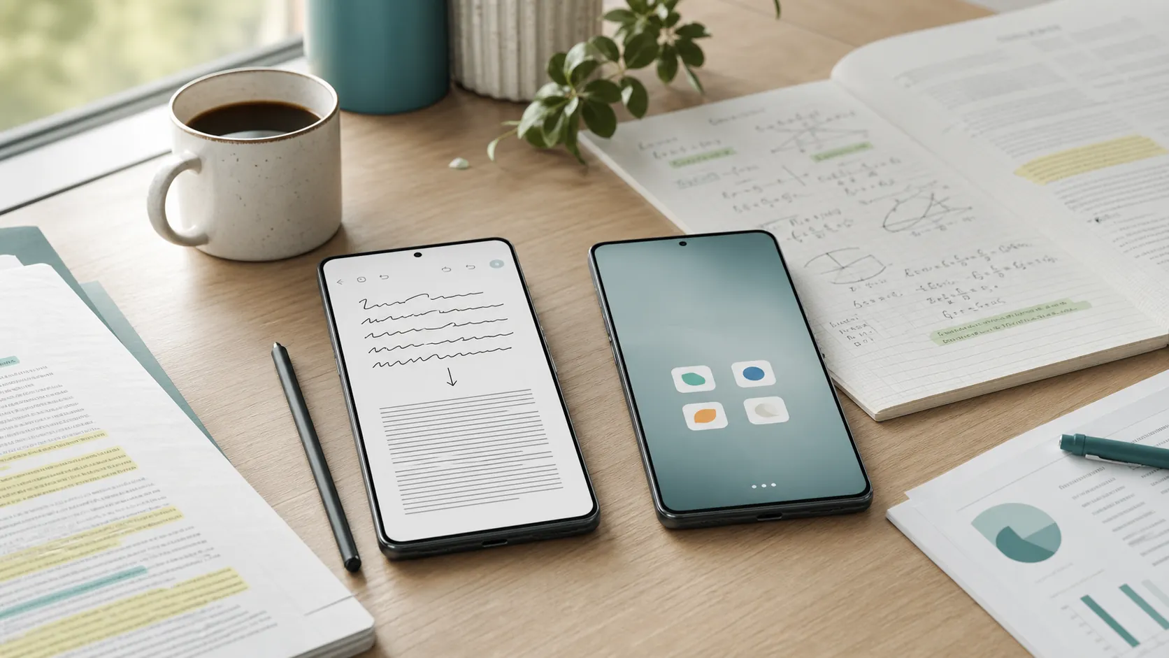 Two unbranded flagship phones on an exam-prep desk, one beside a stylus and one with a minimal home screen