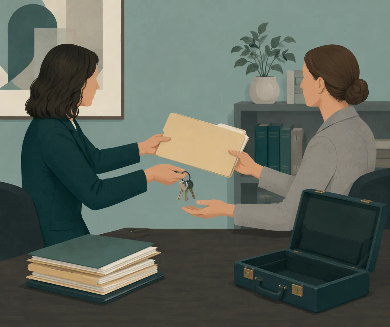 Two lawyers exchanging a client folder and keys across a desk