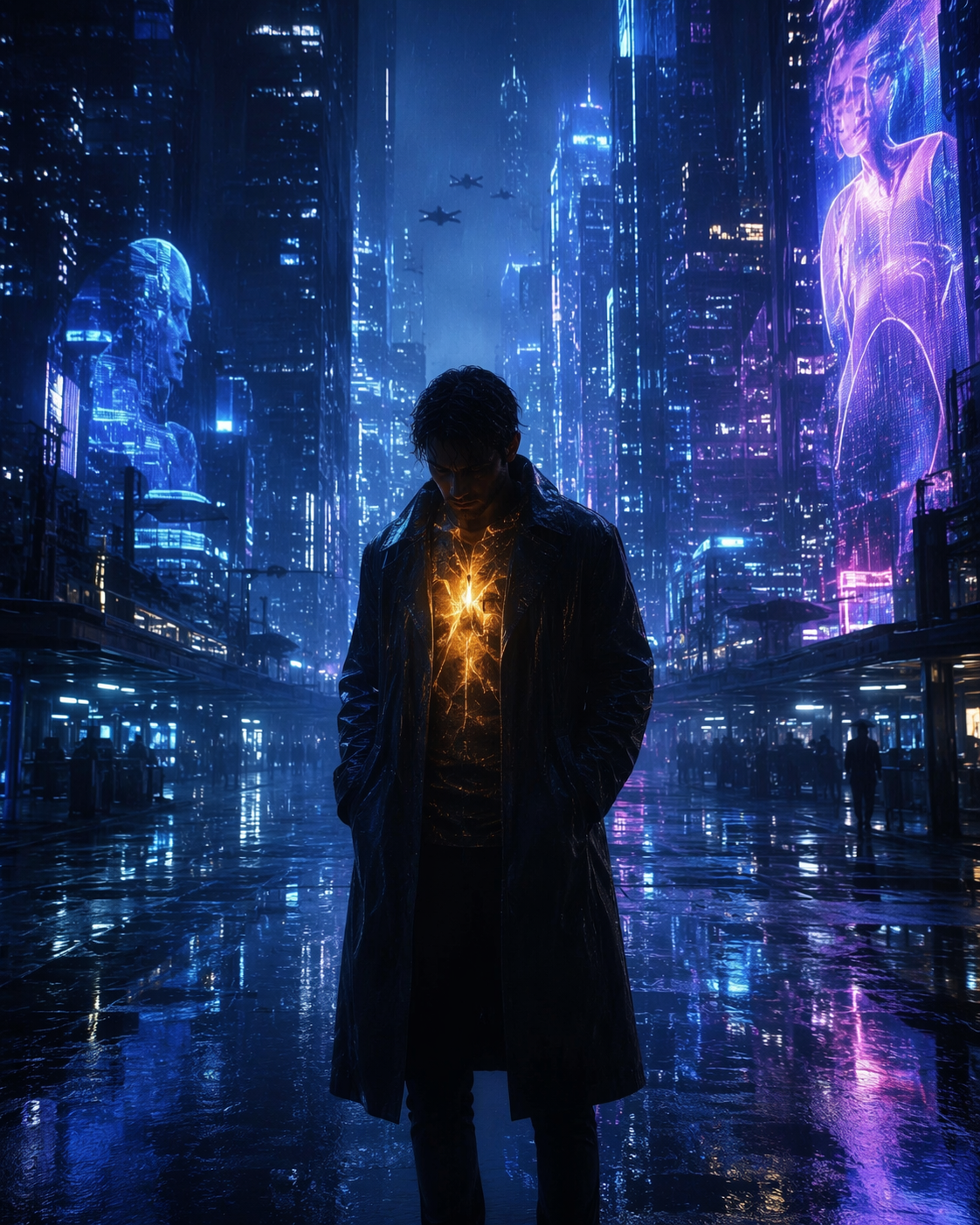A lone figure in a futuristic city street with warm light glowing from the chest against a cold neon environment.