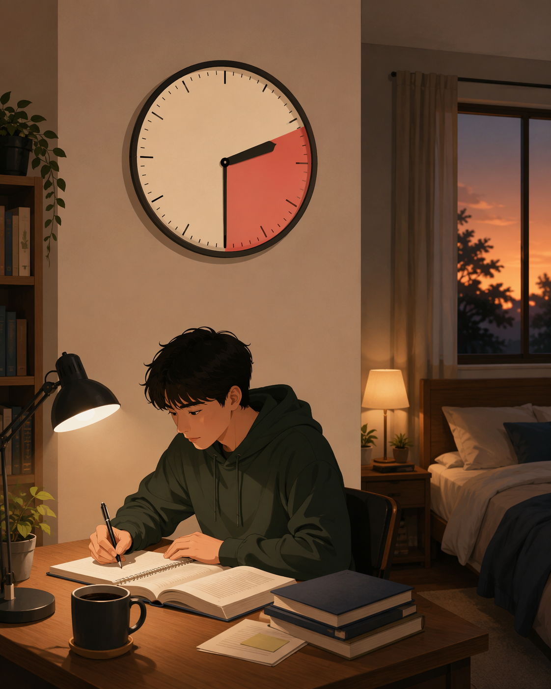 Clock near 2:30 PM with a student studying, coffee cup, and bed visible nearby