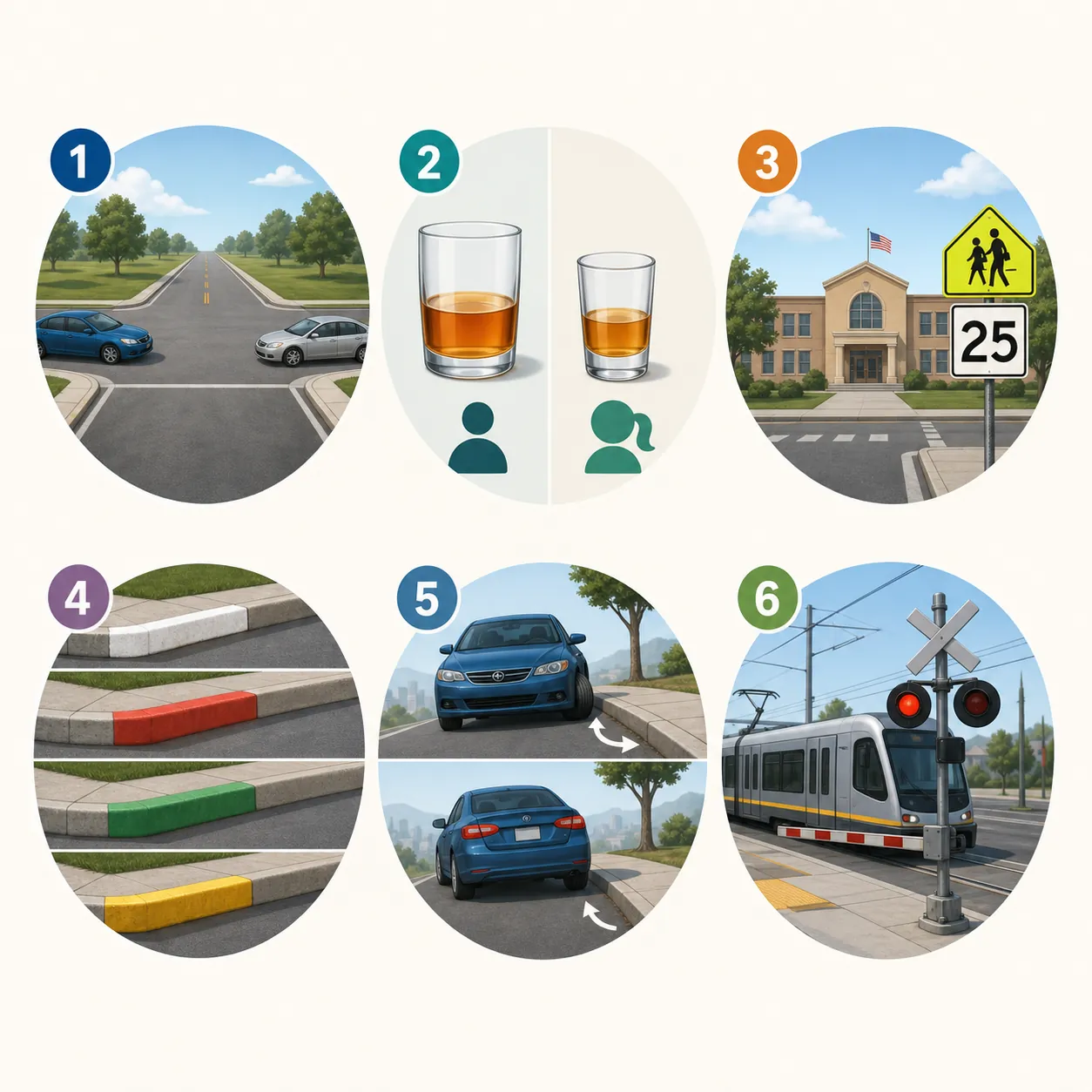 Commonly missed California DMV written test topics shown as traffic scenes and rule symbols