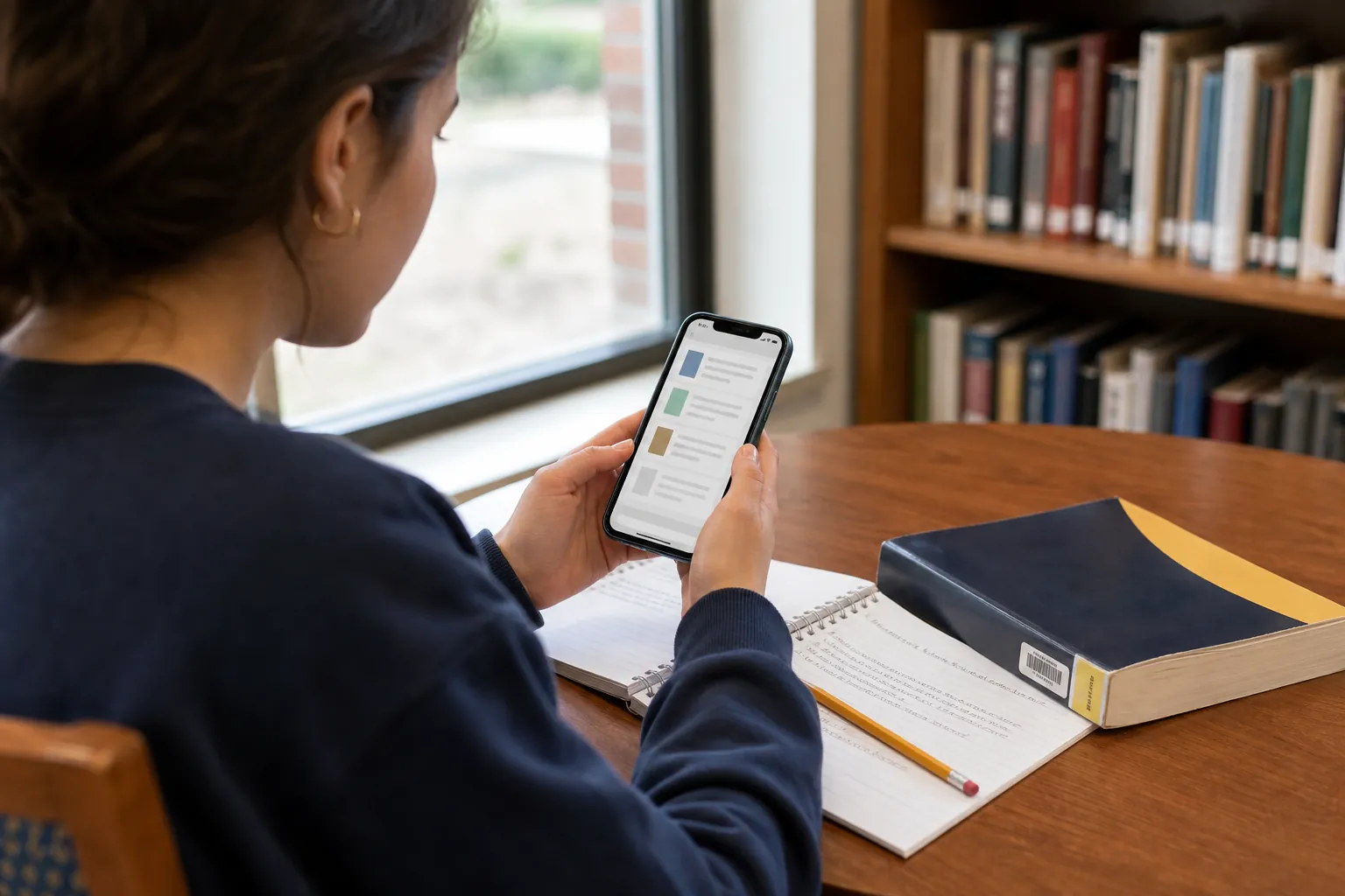 A student uses a library app beside a borrowed test-prep book with notes and a pencil