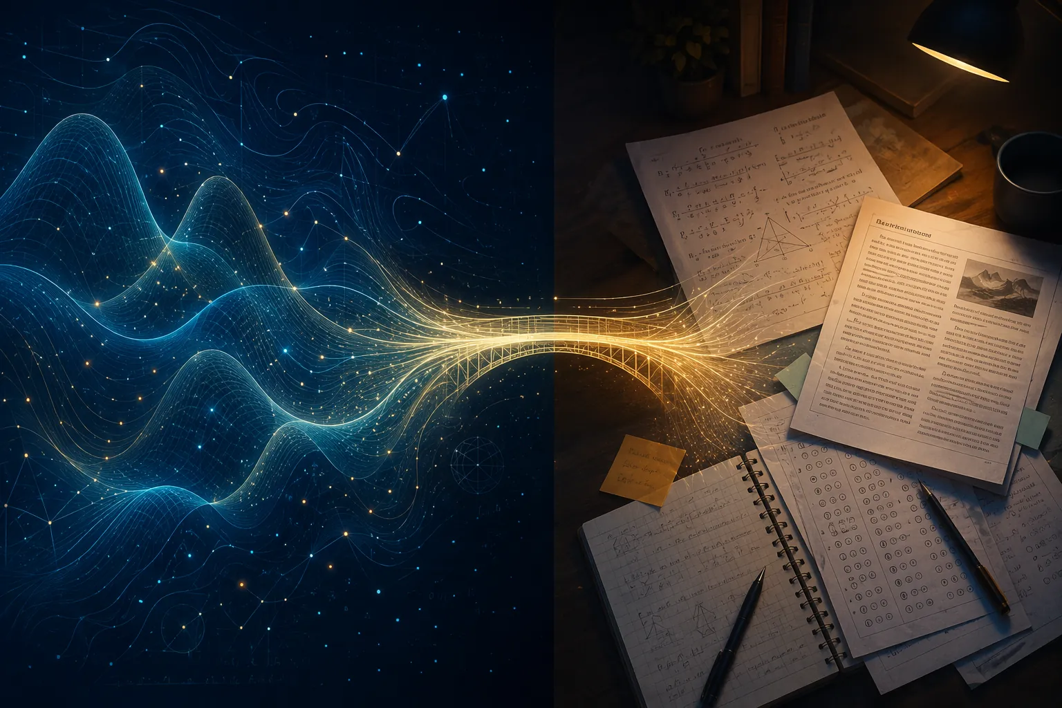 Mathematical wave curves and scattered particles connected to a study desk with mixed practice materials