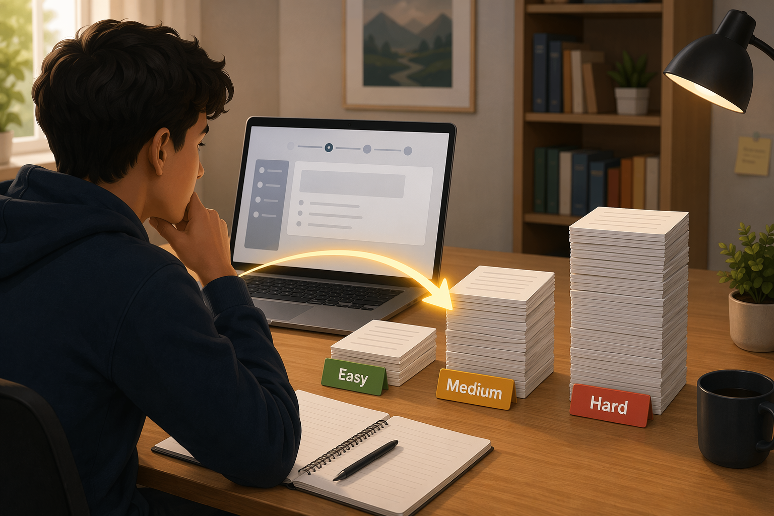 Student choosing a medium stack of SAT practice problems from easy, medium, and hard stacks