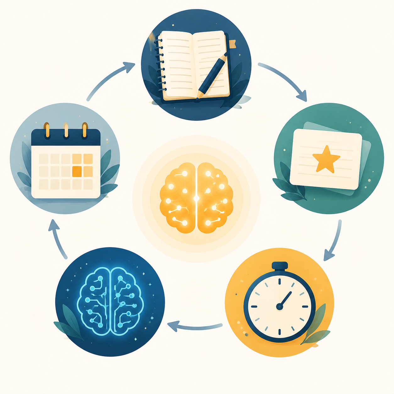 Five interconnected study function icons arranged in a circular online learning toolkit