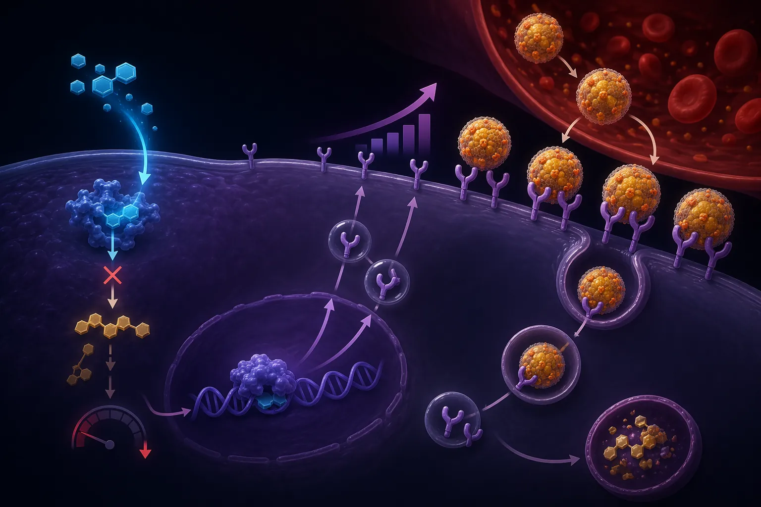 Liver cell with increased LDL receptors binding LDL particles after upstream statin effect on cholesterol synthesis