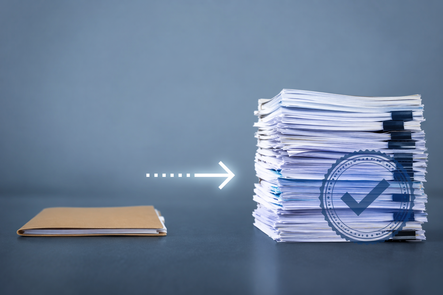 A thin folder compared with a thick stack of research papers to show evidence accumulating over time