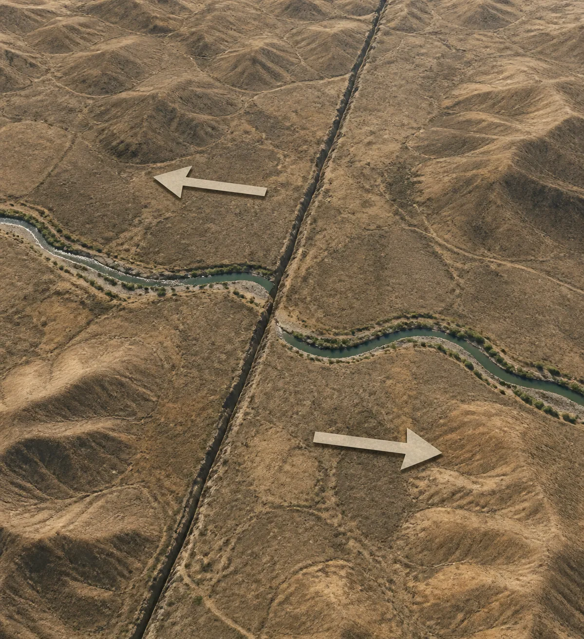 Illustration of a transform plate boundary with offset stream channels and arrows showing horizontal plate motion