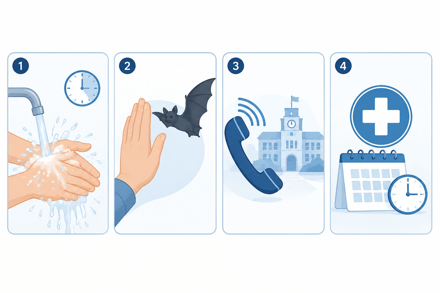 Four-part visual showing wound washing, avoiding bat contact, calling campus help, and seeking medical care