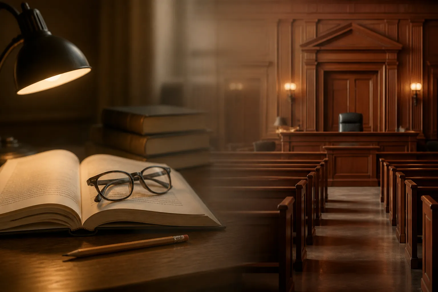 A study desk with an open GRE prep book blending into a blurred courtroom interior