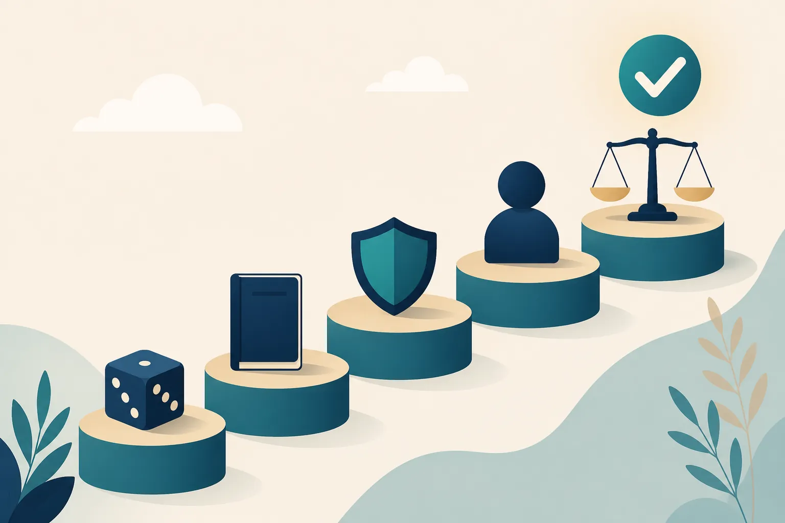 Five-step verification checklist with icons for randomization, unassisted assessment, guardrails, human oversight, and independent evidence
