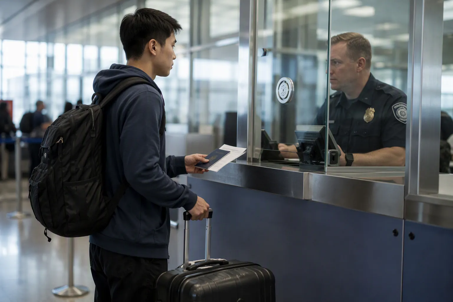 International student at a US airport immigration inspection counter with passport and luggage