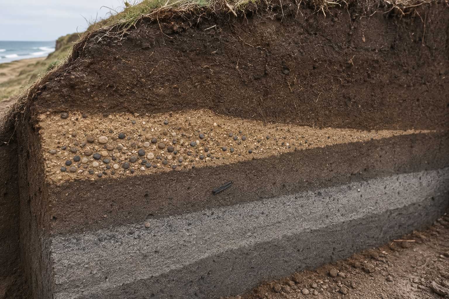 Cross-section illustration of a coastal trench wall with a tsunami sand layer thinning inland