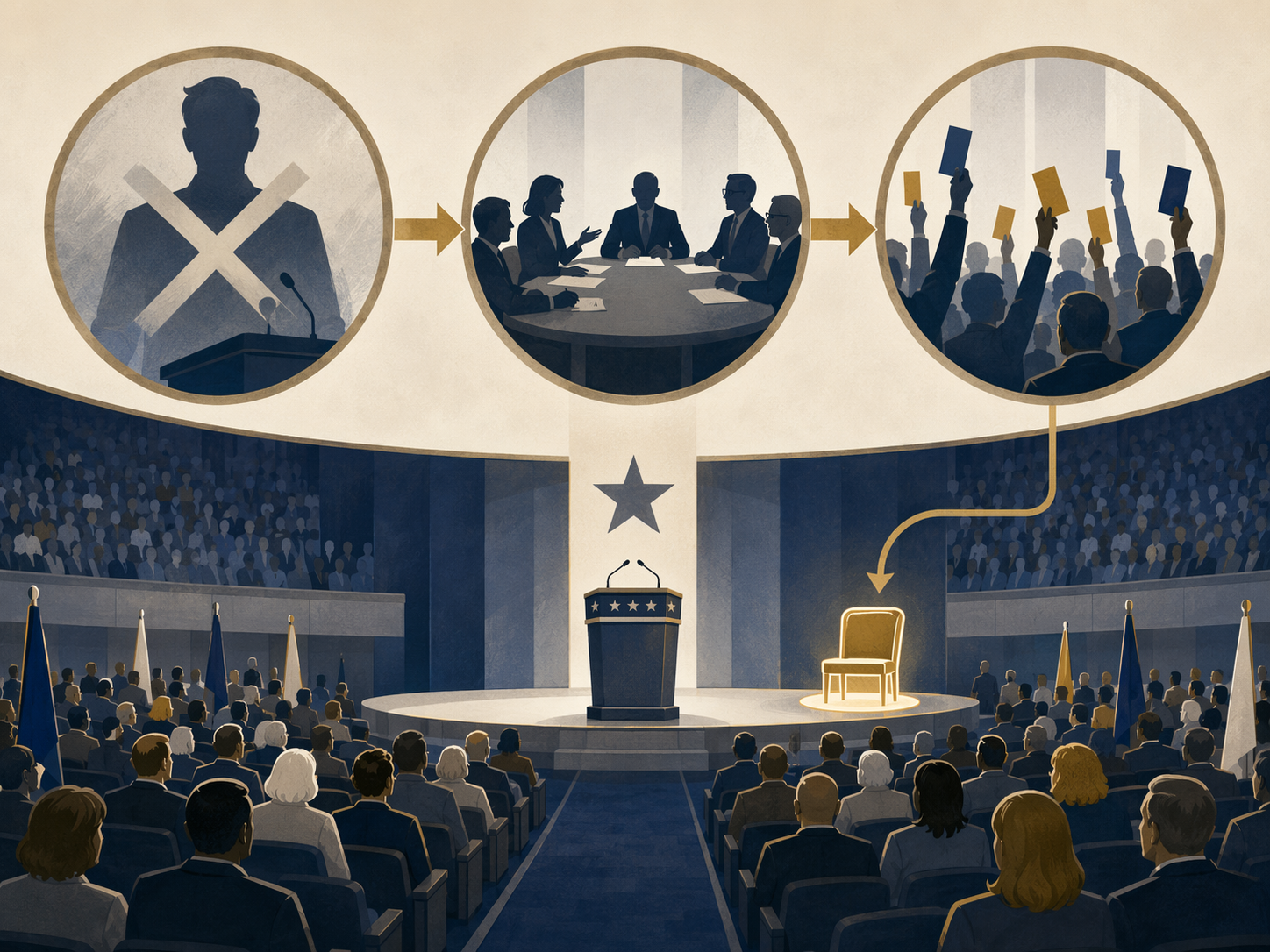 Convention hall with a podium, delegate seating, and a sequence showing candidate withdrawal, party meeting, and delegate vote