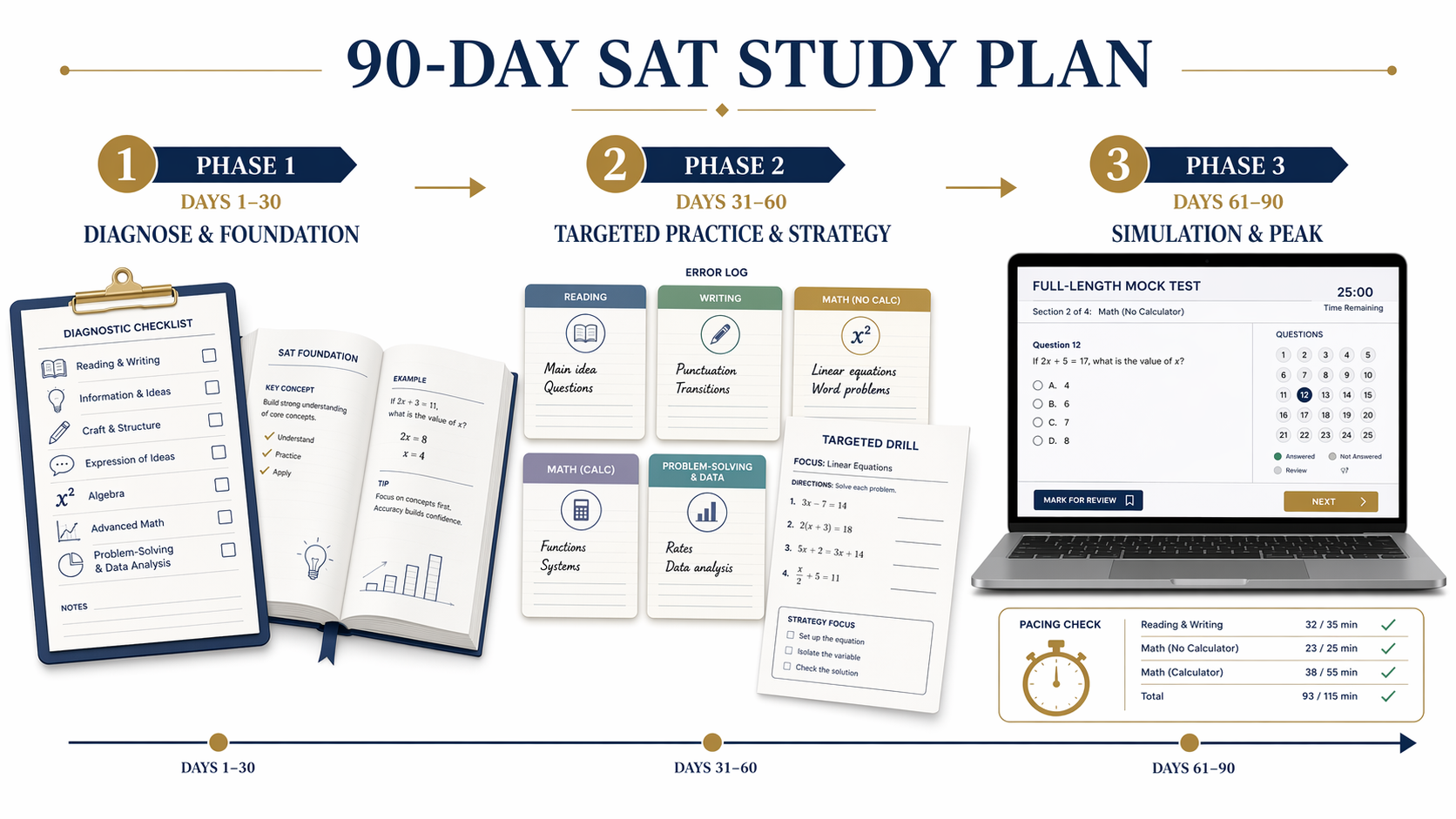 Three-phase SAT study timeline showing diagnosis, error-log practice, and mock-test simulation