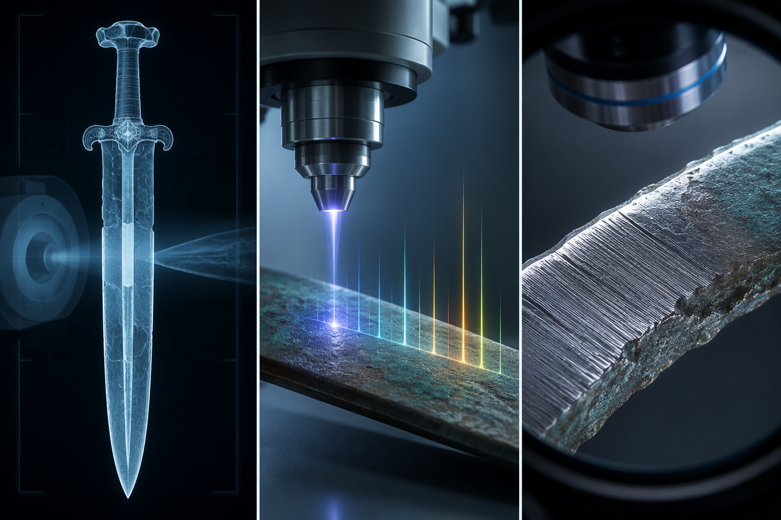Sequence of X-ray, XRF, and microscopic wear analysis for a bronze sword.