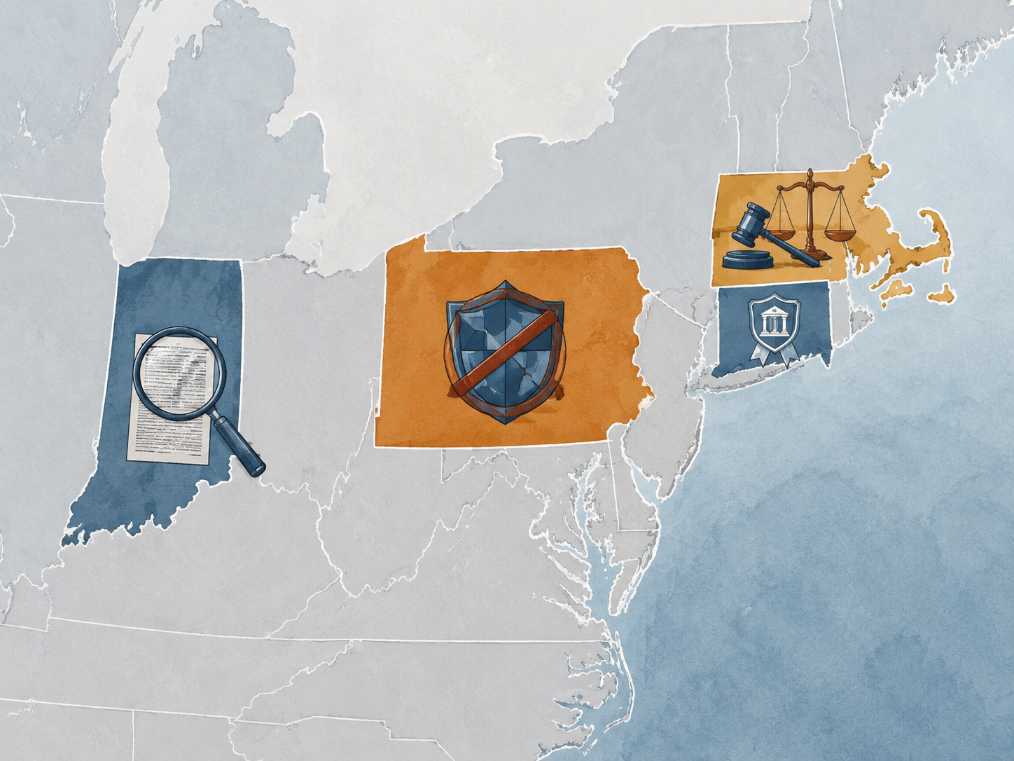 A northeastern United States map marking Massachusetts, Pennsylvania, Indiana, and Connecticut with different legal symbols