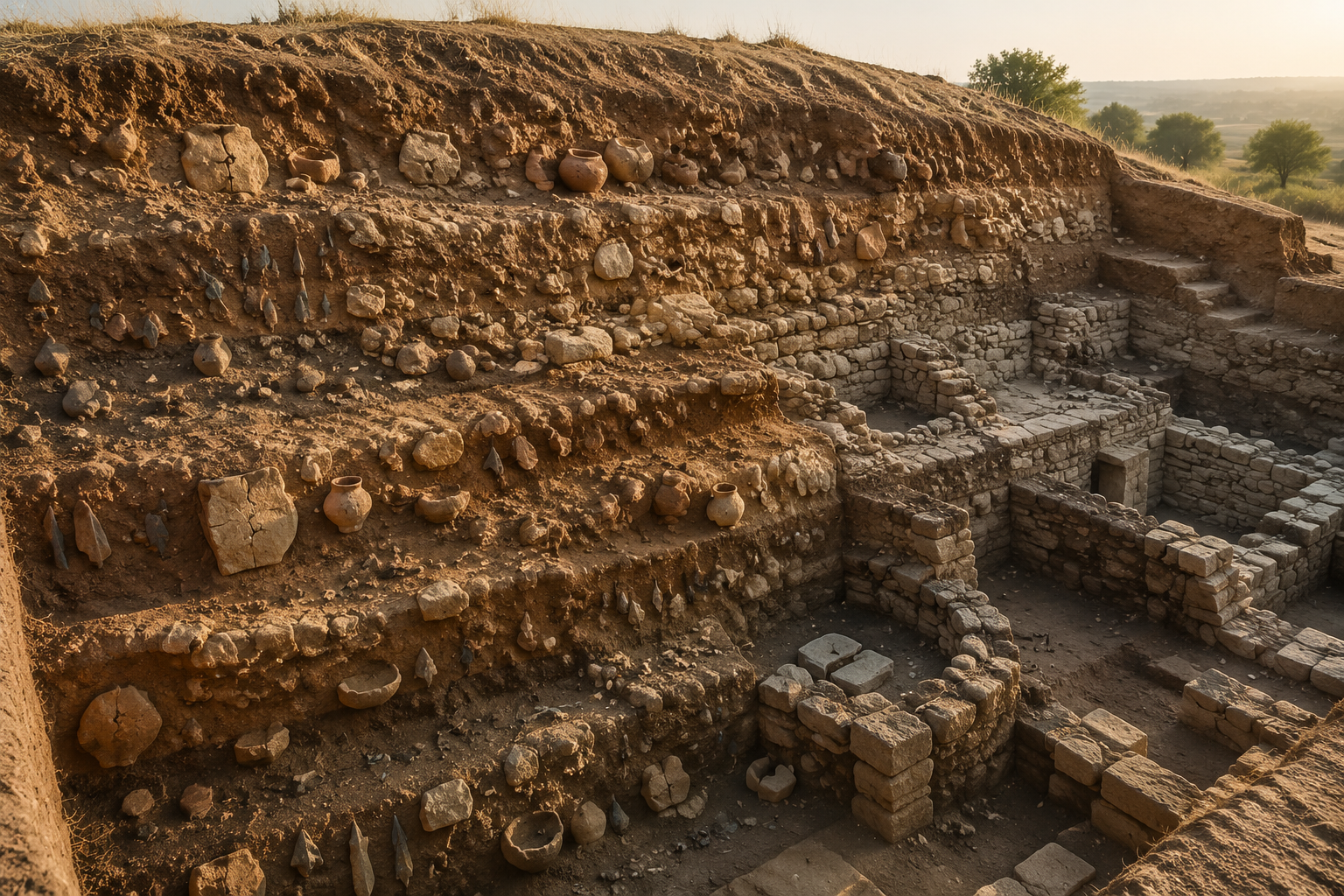 Cross-section of a layered archaeological mound with pottery sherds, arrowheads, and sling stones in the strata